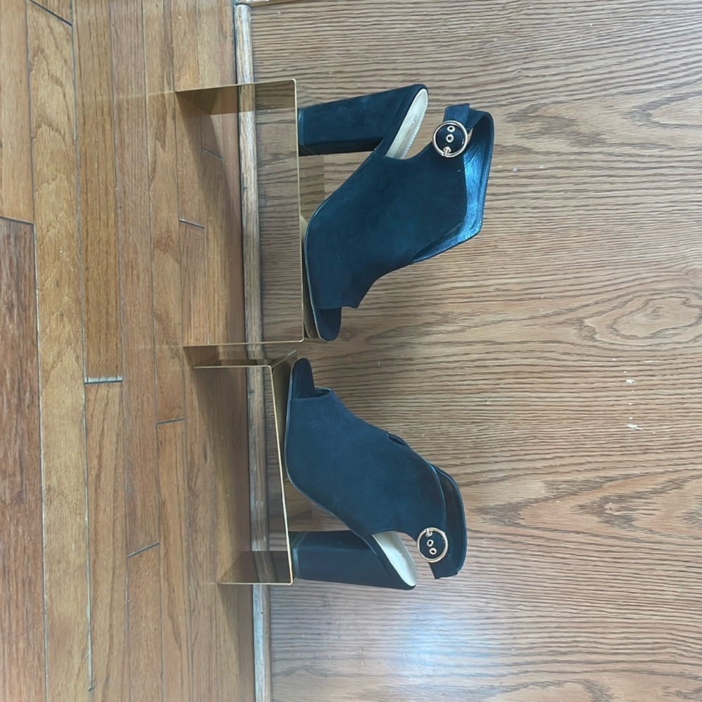 A Shoe Dazzle Black suede/leather blend ankle open-toe bootie.